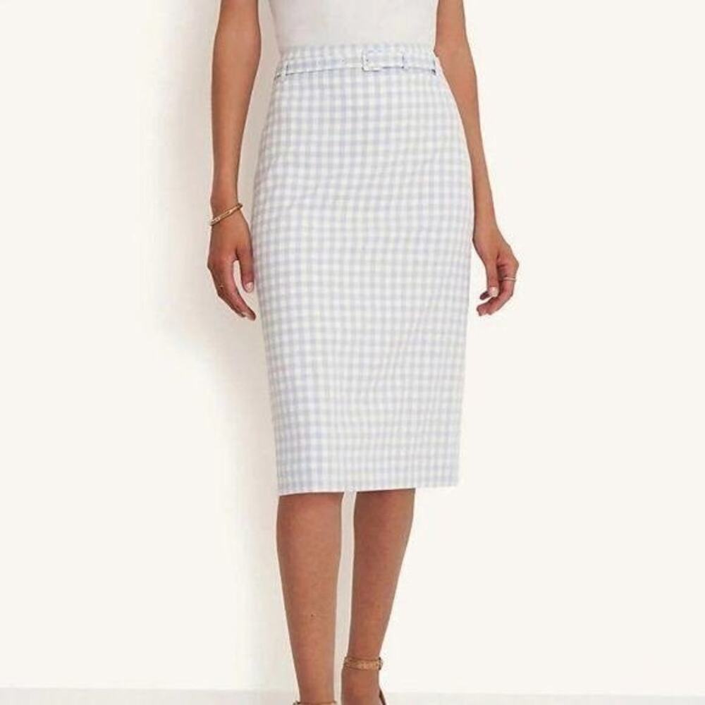 Ann Taylor Pencil Skirt 4 Petite Blue Plaid Gingham Straight Belted Career